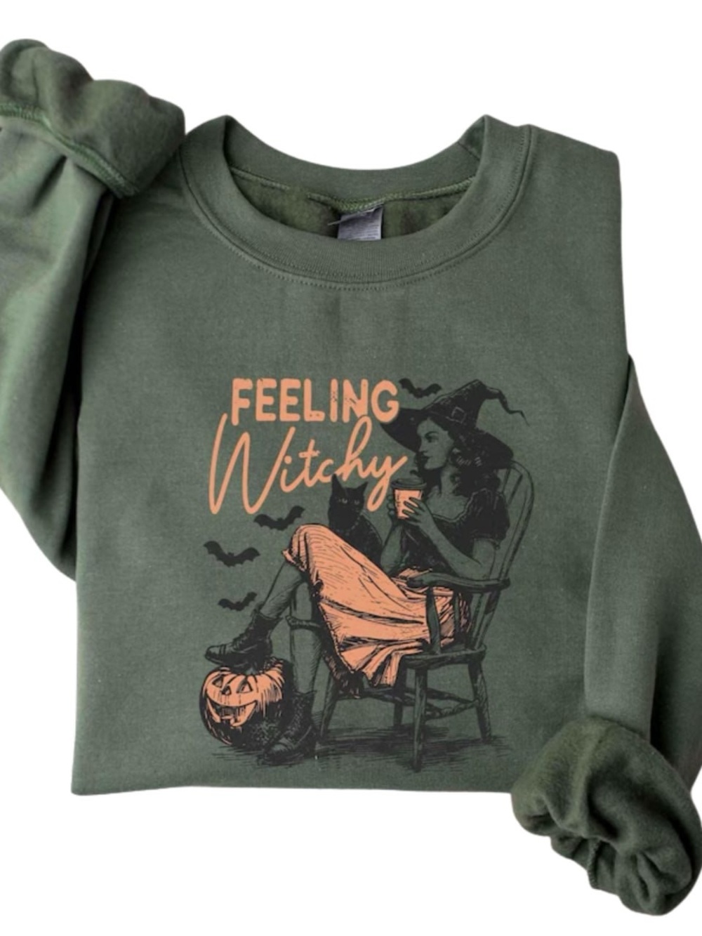 Green "Feeling Witchy" Sweatshirt with Orange & Black Graphic